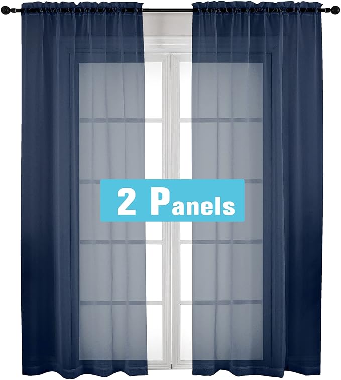 Navy Blue Sheer Curtains 2 Panel Sets 84" Inch Length by OVZME