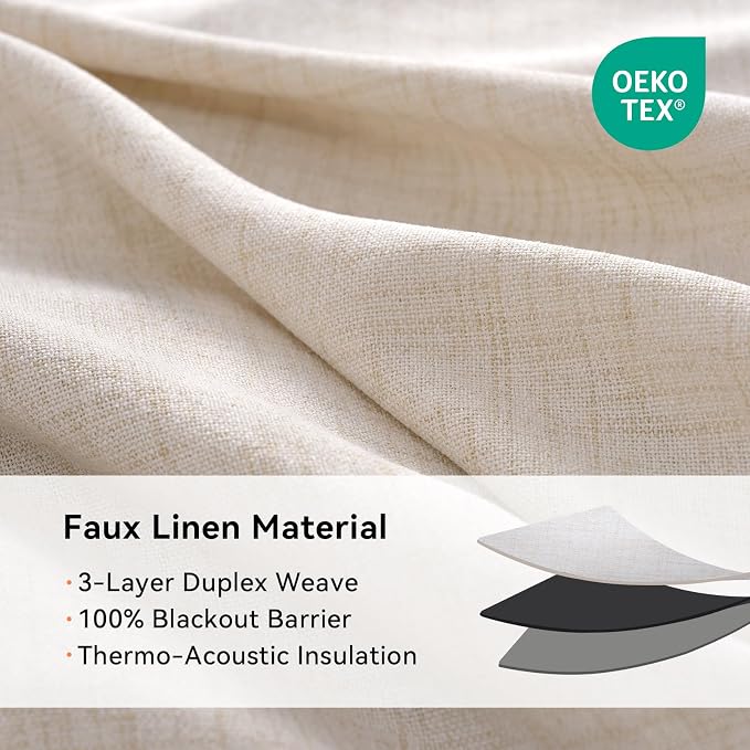 100% Blackout Linen Textured Curtains 80 Inch Long, Oatmeal | 100% Blackout - Image 4