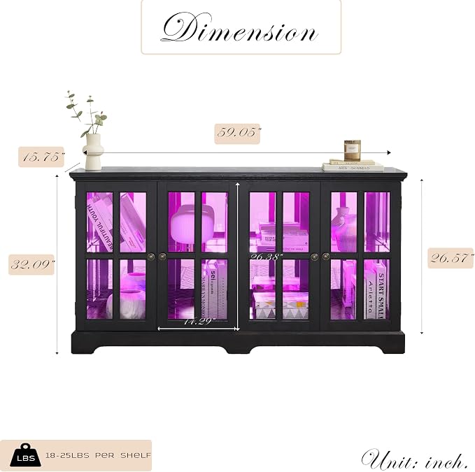 59" W LED Curio Cabinet with 7 Color Lights, Vintage Glass Display Case with - Image 2
