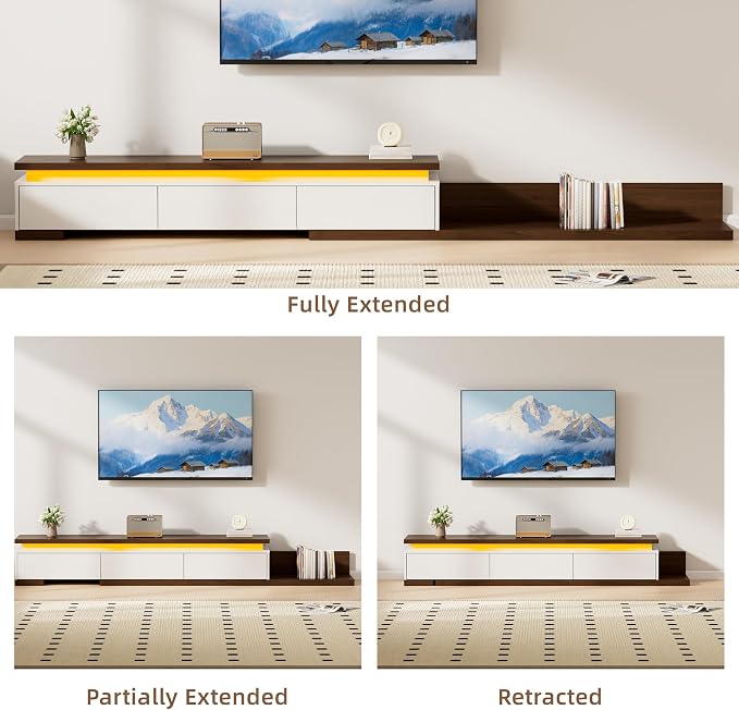 Extendable TV Stand with LED Lights, Modern TV Console with 3 Drawers, Wooden - Image 5