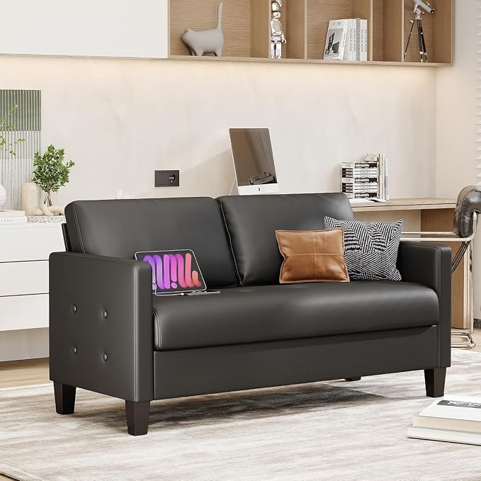 STHOUYN 59” Black Faux Leather Sofa Couch, Modern Comfy Office 2 Seater Couch - Image 9