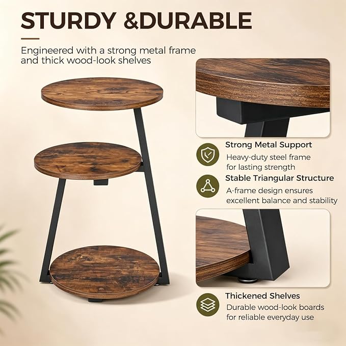 BEWISHOME Round Side Table, 3-Tier End Table, Nightstand - Image 6