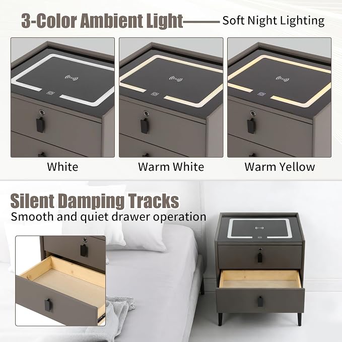 Smart Nightstand with Charging Station, Adjustable LED, USB Ports, Fingerprint - Image 5