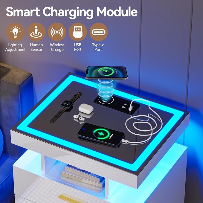 White Night Stand with Wireless Charging Station, Smart Bedside Table with 3 - Image 3