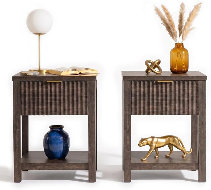 Fluted Night Stand with Golden Handle, Bedside Table with Storage Shelf by TROJMHome