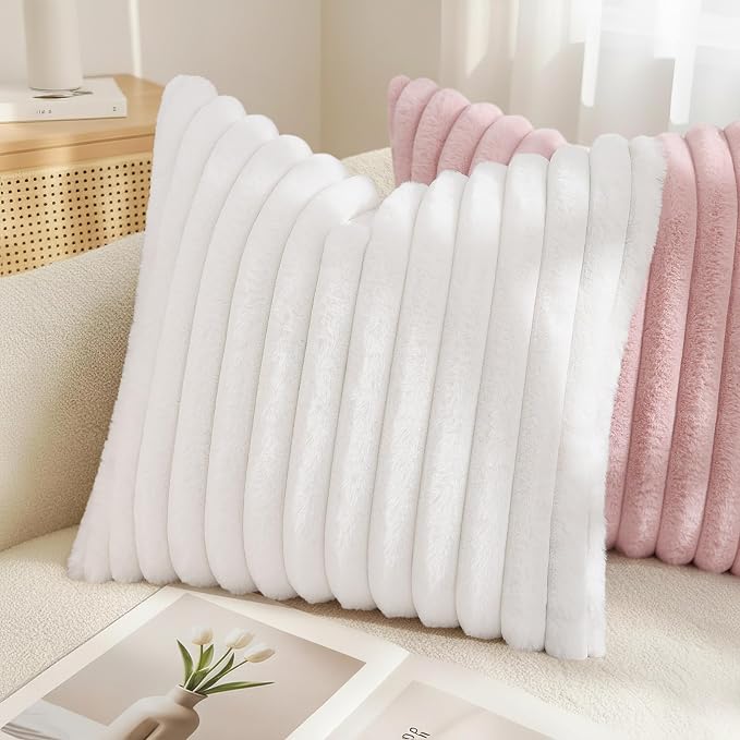 decorUhome Fall Faux Fur Throw Pillow Covers 18x18 Set of 2 White | Decorative - Image 4