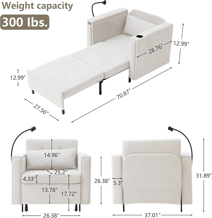 LEVNARY 3-in-1 Convertible Chair Pull Out Bed, Single Sofa Chair Sleeper - Image 2