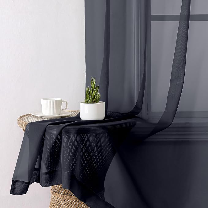 Black Sheer Curtains 90 Inches Long 2 Panels Set, Privacy Voile Light Filtering - Image 4
