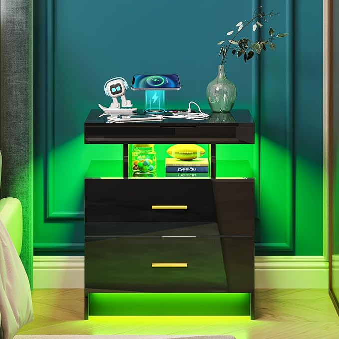 WOOVIVS Night Stand with Light, High Gloss Nightstand with USB/Wireless - Image 8