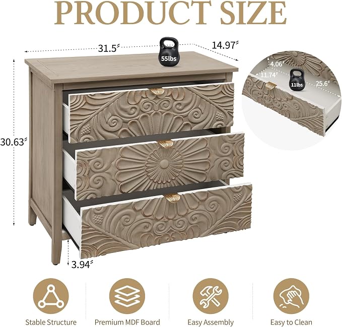 31.5" Carved 3-Drawer Cabinet - Image 2
