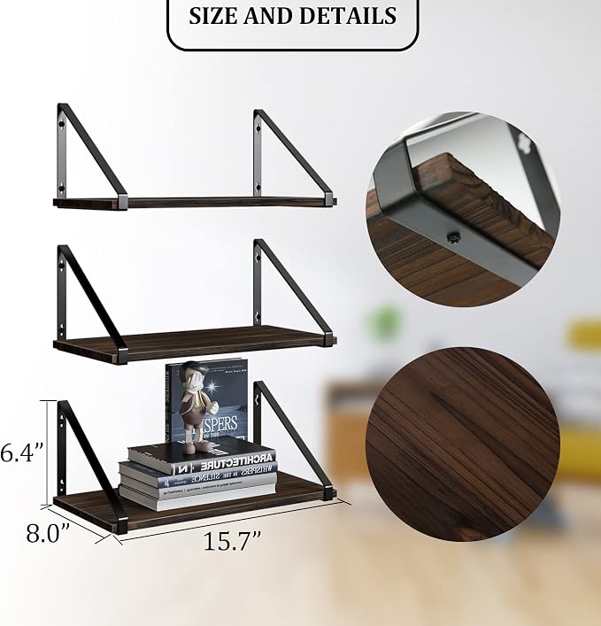 BAMEOS Floating Shelves Rustic Wood Wall Shelf, Small Bookshelf - Image 3