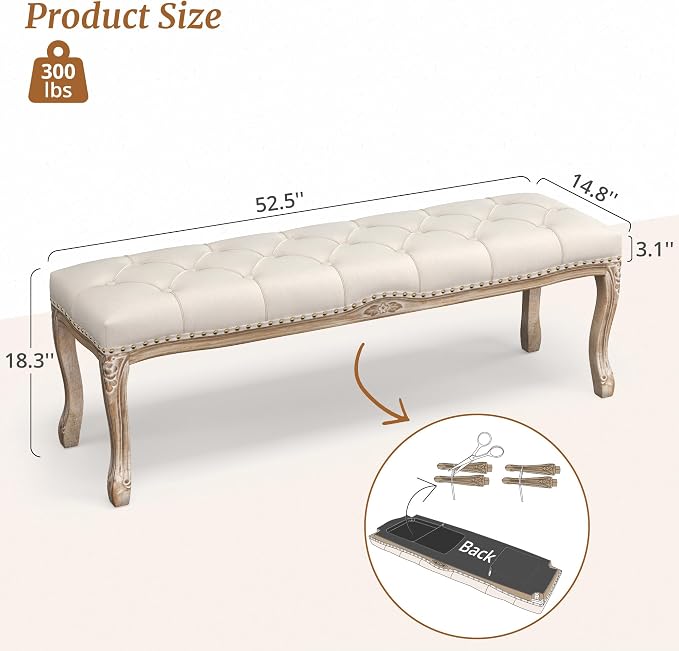 Cozyman Bedroom Bench, French Vintage Entryway Bench 52.5" Carving Upholstered - Image 3