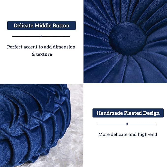 HIG Set of 2 Navy Velvet Decorative Round Pleated Throw Pillows | Vintage Floor - Image 5