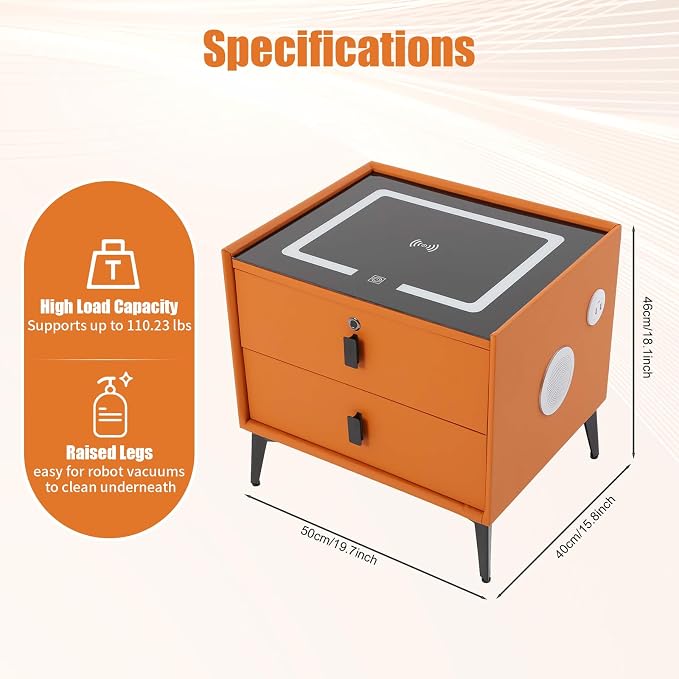Smart Nightstand with Charging Station, Adjustable LED, USB Ports, Fingerprint - Image 2