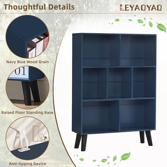 LEYAOYAO Cube Bookshelf 3 Tier Mid-Century Rustic Dark Blue Modern Bookcase - Image 4