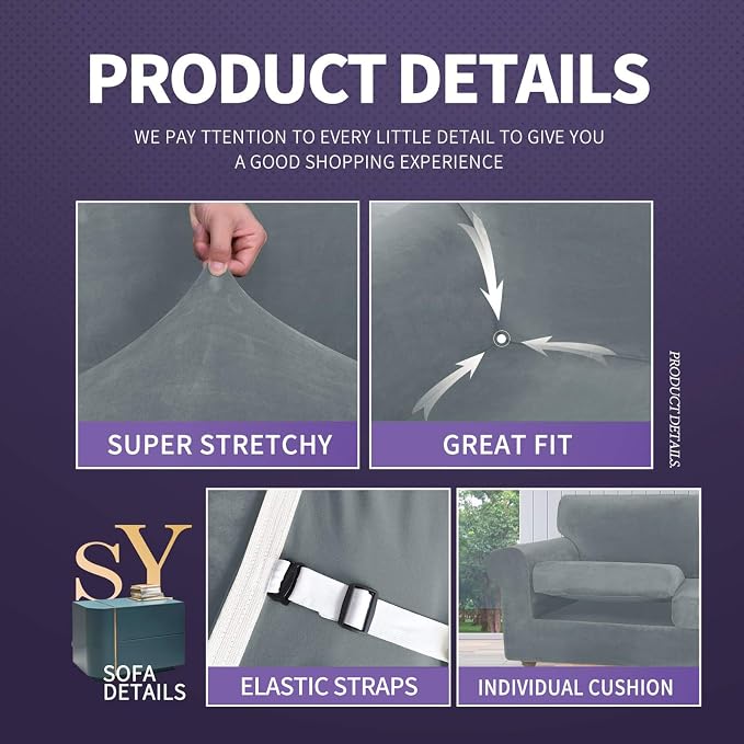 ZNSAYOTX Luxury Velvet Couch Cover 4 Piece Stretch Sofa Covers - Image 4