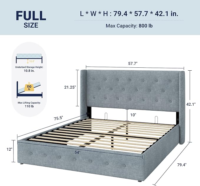 Allewie Full Size Lift Up Storage Bed, Button Tufted Headboard - Image 2