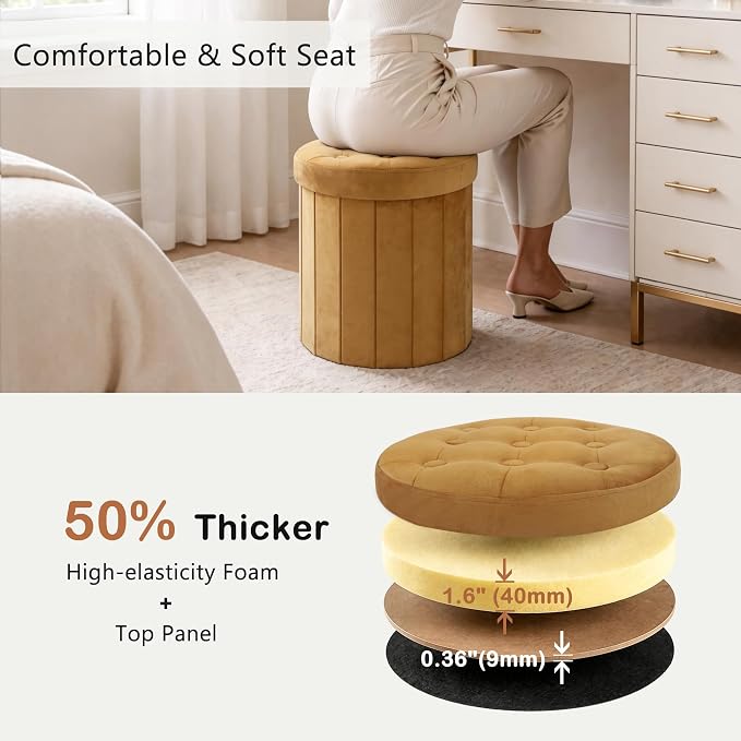 CAROLMADE Round Storage Ottoman, Velvet Folding Footrest Stool - Image 4