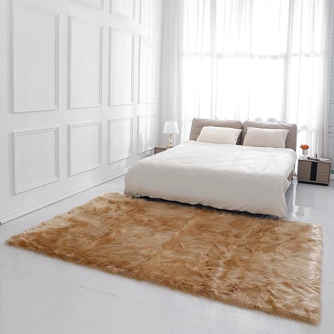 linmopm Faux Fur Rug Sheepskin Shag Fluffy Fuzzy 6x9 ft Beige Rugs - Image 2