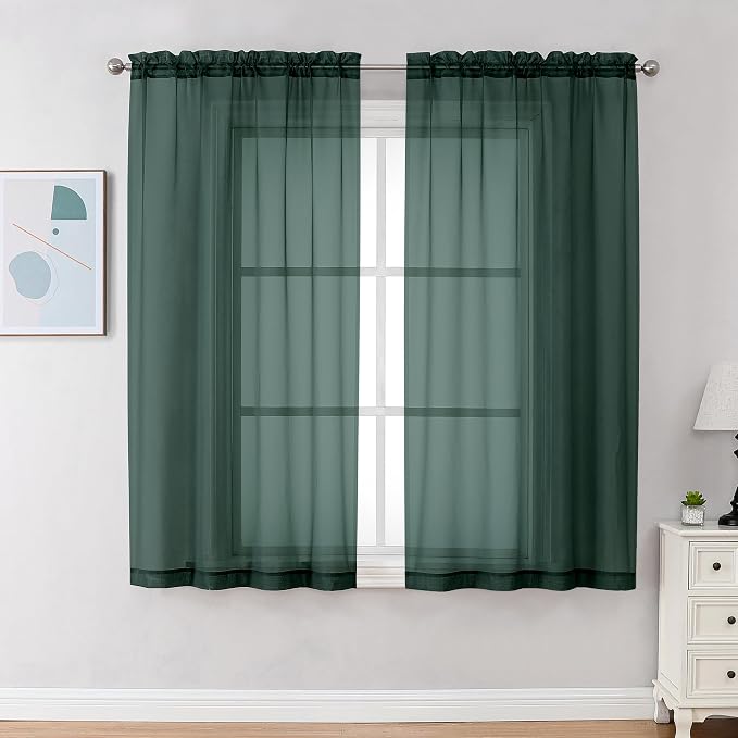 Chyhomenyc Sheer Curtains 63 Inch Length 2 Panels, Hunter Green | Light by Chyhomenyc