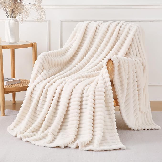 Cream White Throw Blanket for Couch Sofa 50x70 inches Striped Design | Fleece - Image 2