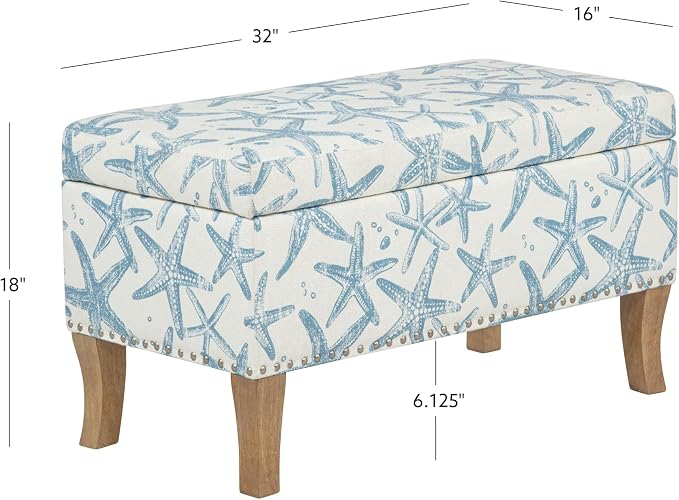 Linon Stephanie Cream and Light Blue Starfish Fully Upholstered Bench - Image 3