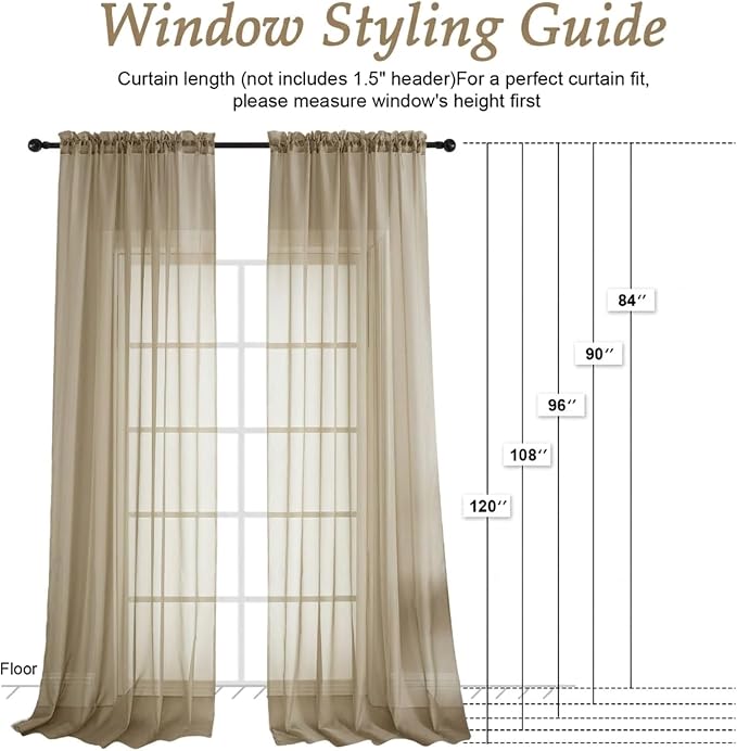 Taupe Sheer Curtains 72 Inches Long 2 Panels Set, Light Filtering Sheer Curtains - Image 2