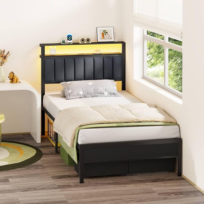 Furnulem Twin Bed Frames with Charging Station and LED Lights, Metal Platform - Image 4