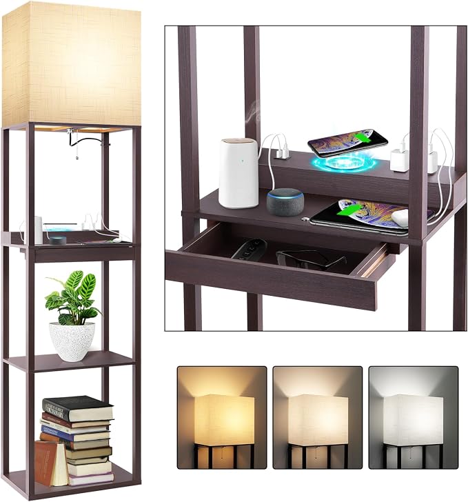 RUNTOP Floor Lamp with Shelves, Modern Standing Lamp with Wireless Charger by RUNTOP