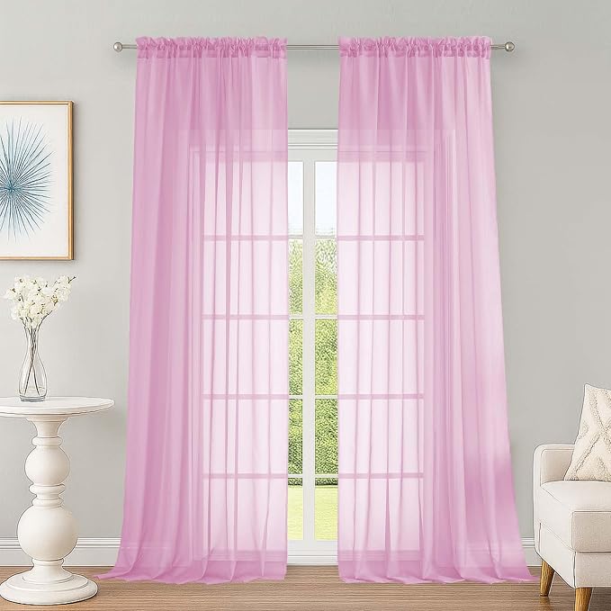 Extra Long Pink Sheer Curtains 96 Inches Long 2 Panels Set, Soft Lightweight by OWENIE