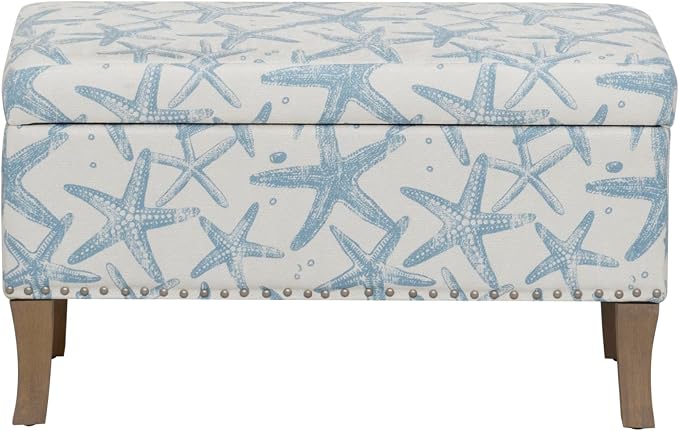 Linon Stephanie Cream and Light Blue Starfish Fully Upholstered Bench - Image 9