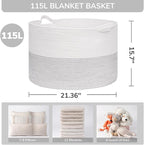 INDRESSME 115L Extra Large Blanket Basket, Cotton Rope Toy Baskets Storage Kids - Image 2