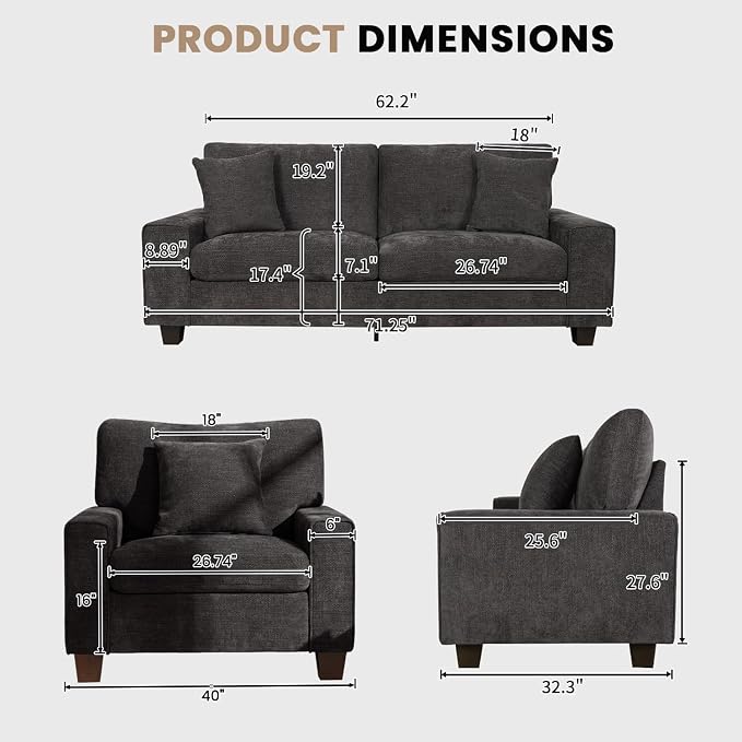 DOPEDIO Modern Living Room Sofa Set, 71.25" Chenille Loveseat - Image 2