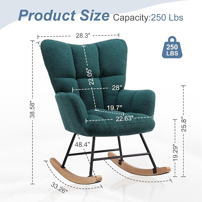 DUMOS Rocking Chair with Wing Backrest, Teddy Comfy Upholstered Indoor Reading - Image 2