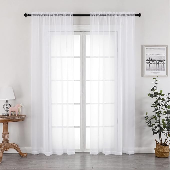 White Sheer Curtains 72 Inches Long 2 Panels Set, Transparent Voile Sheer - Image 2