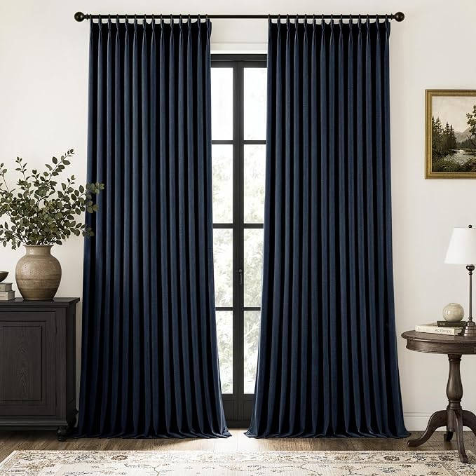 MIULEE Navy Blue Pinch Pleated 100% Blackout Linen Curtains 40x102 Inches | by MIULEE