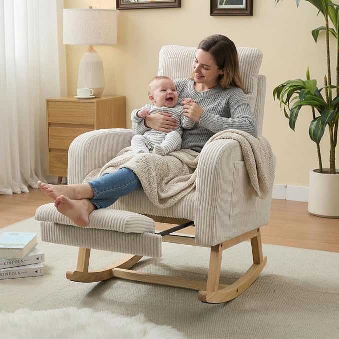 NIOIIKIT Nursery Rocking Chair, Corduroy Upholstered Rocking Chair - Image 3