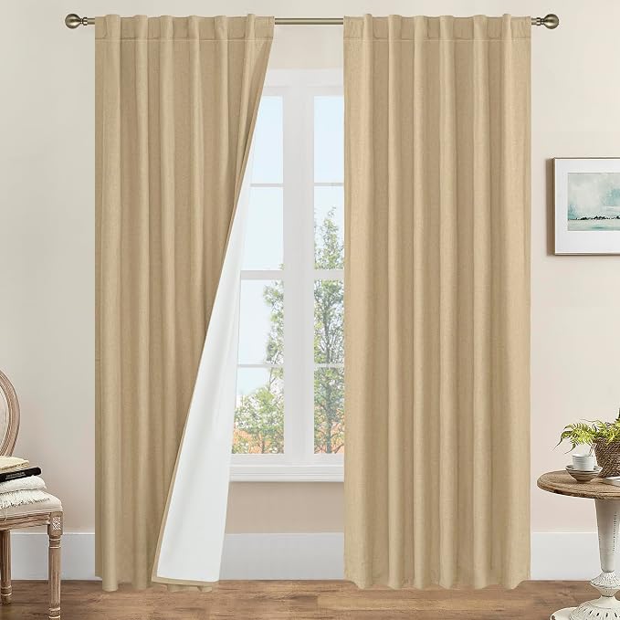 Natural 100% Blackout Linen Curtains 84 Inches by LAMIT