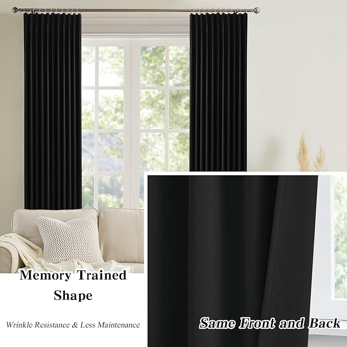 Extra Wide Black Pinch Pleated Curtains 100 x 90, Thermal Insulated Noise - Image 6