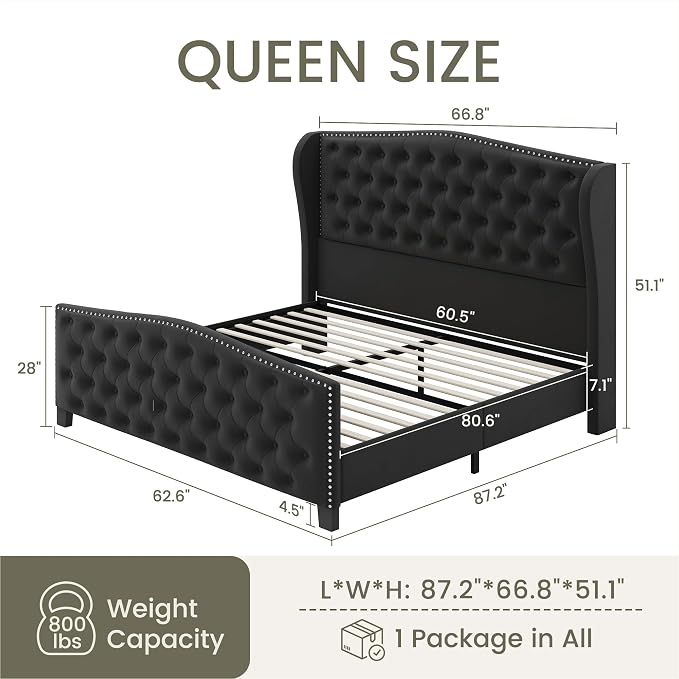 LARMACE Queen Size Bed Frame Velvet Upholstered Platform Bed - Image 2