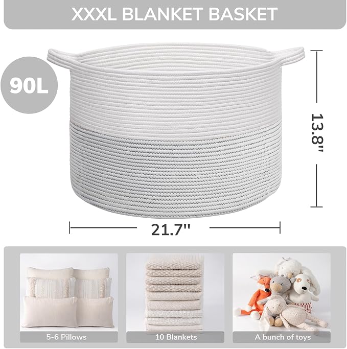 INDRESSME XXXLarge Cotton Rope Basket 21.7" x 21.7" x 13.8" Woven Baby Laundry - Image 5