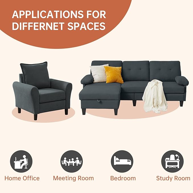 2PCS Sectional Sofa Set with Ottoman, Modern Linen 4 Seater Couch Set with Side - Image 5