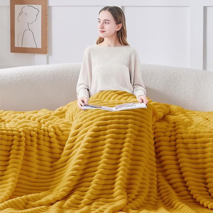 BEDELITE Striped Fleece Throw Blanket, Mustard Yellow, Soft Cozy, Lightweight - Image 4