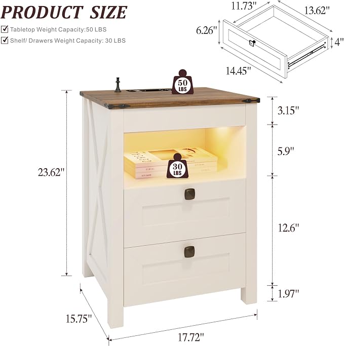HWB LED Nightstand with Gun Drawer: Bedside Table with Charging Station - Image 2