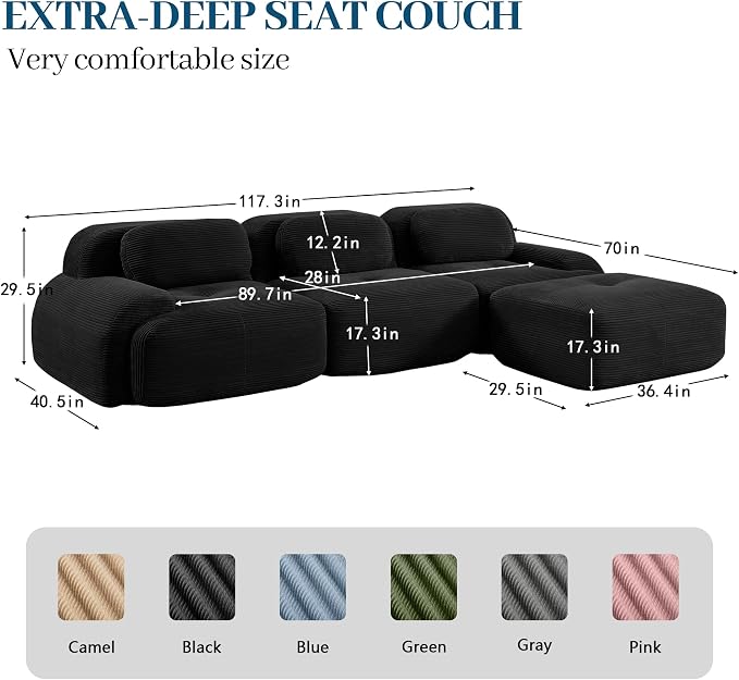 Boneless Sectional Couch, No Assembly Required, 117.3” L Shaped Modular Cloud - Image 3
