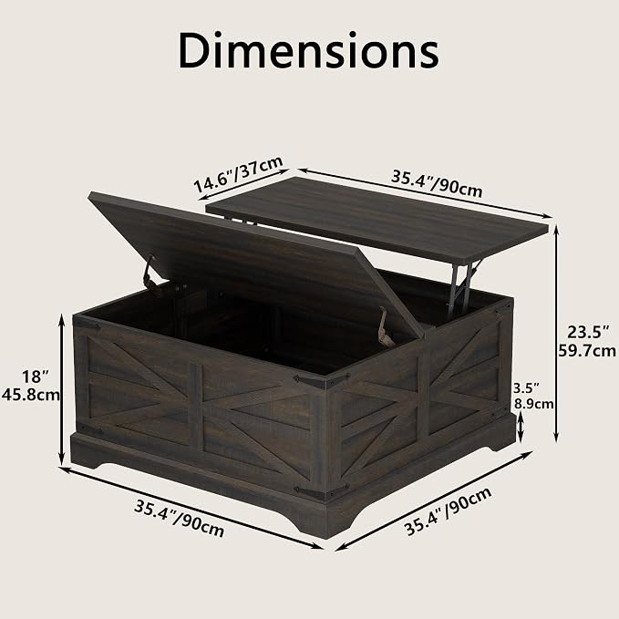 Furnideco 35.5''W Square Coffee Table Farmhouse Lift top Coffee Table - Image 2