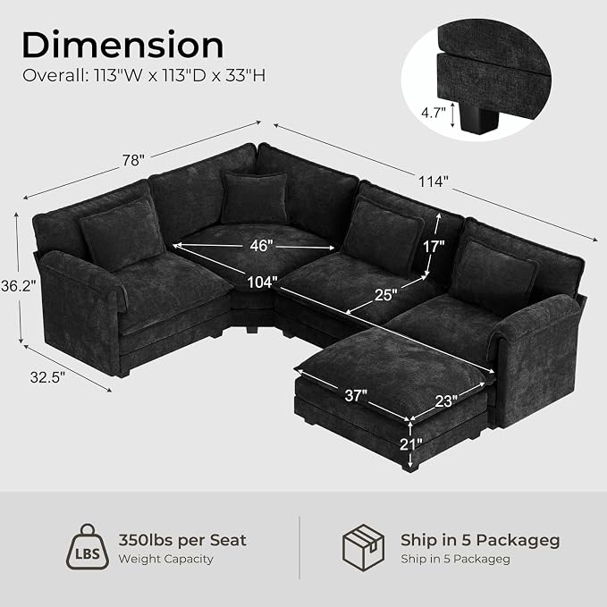 ELUCHANG 114" Oversized V-Shaped Cloud Couch Modular Sectional Sofa - Image 2