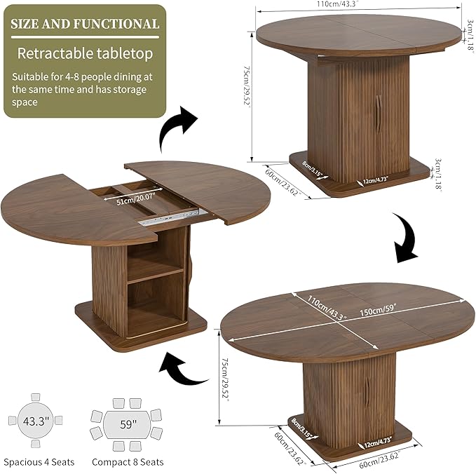 Extendable Round Dining Table for 4-6-8, 59 Inch Dining Room Kitchen Table - Image 2