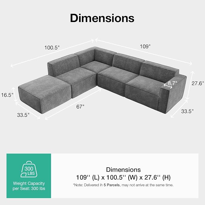 Novilla 109" Modular Sectional Sofa, No Assembly Cloud Sectional Couch - Image 2
