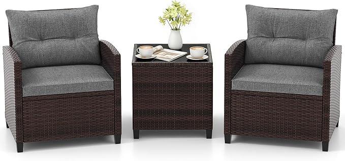 COSTWAY 3PCS Patio Furniture Set, PE Rattan Wicker Sofa w/Washable Cushion and by COSTWAY